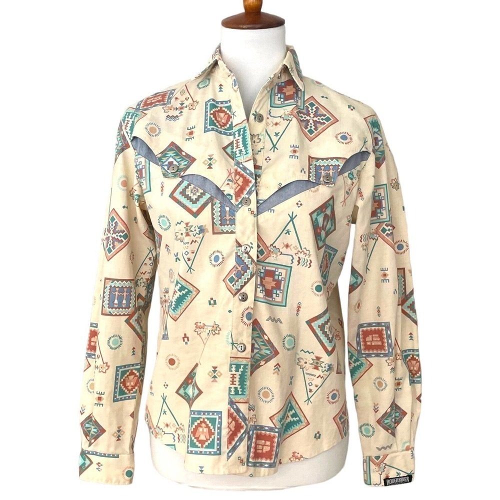 🍀VINTAGE Rough Rider Multicolor Southwestern Print Button-Up Shirt Size 5/6
